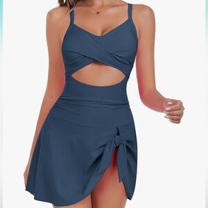 Stylish Navy Blue Cutout Swim Dress One Piece XL NWT
